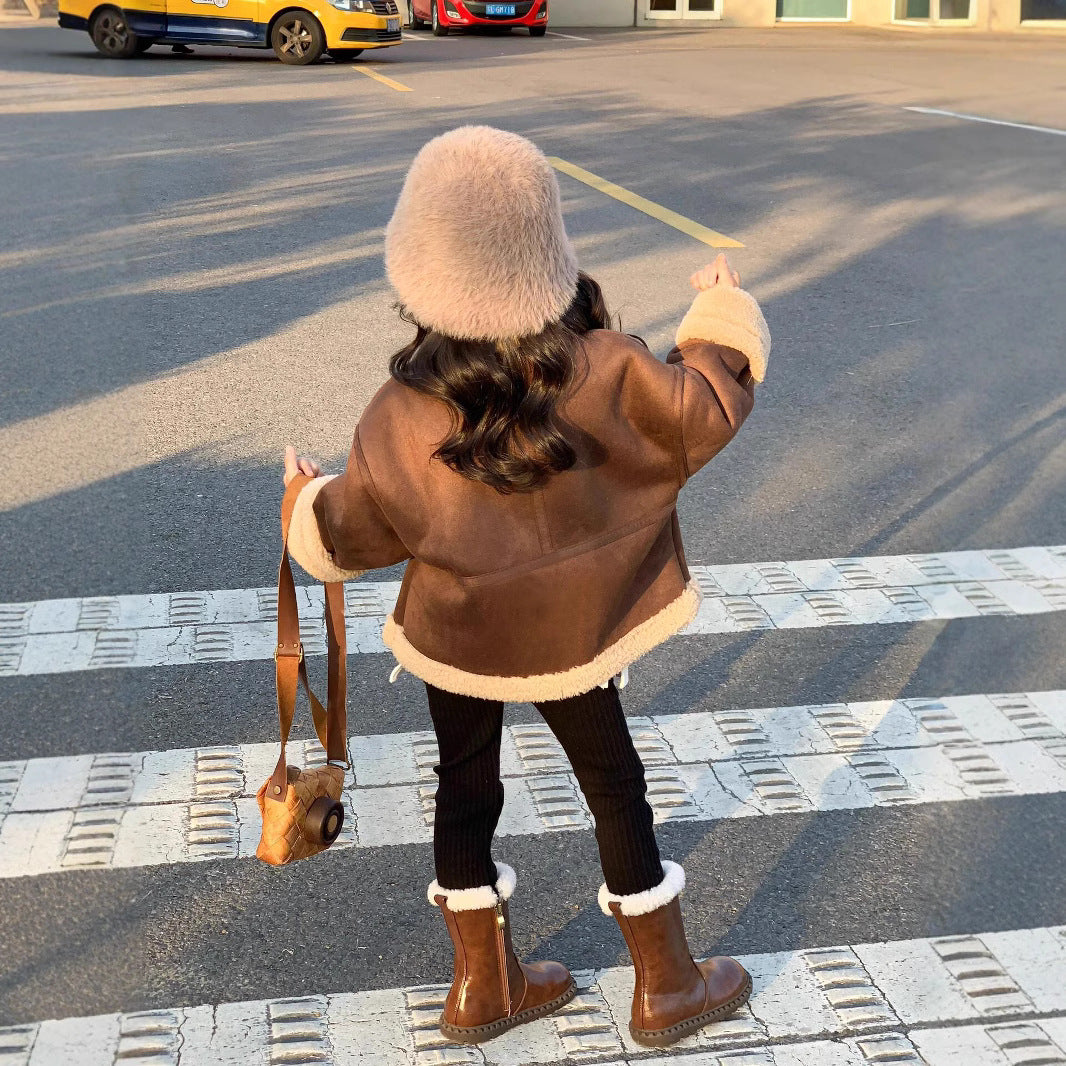 CG25103011冬季女孩休閒寬鬆加厚保暖加絨皮大衣翻領皮毛一體皮絨裙子