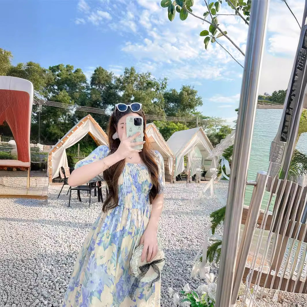 L24071405法式母女裝2024夏季時裝系列三口親子裝度假風夏裝碎花裙