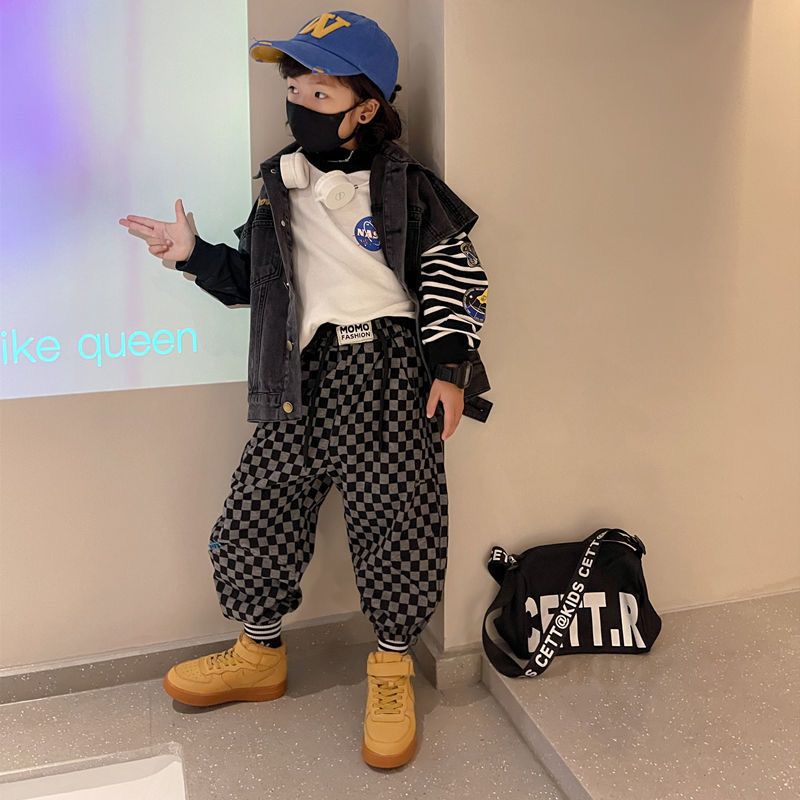 FB23081726男童春秋季褲子2023新款韓版男孩簿款格子休閒長褲兒中大童束腳褲