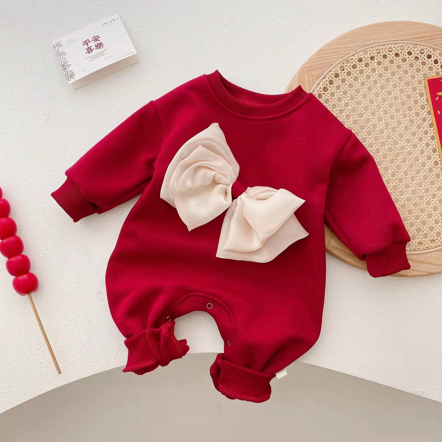 Z23112701韓版ins嬰幼兒拜年服新生兒加絨連身衣爬爬服冬季寶寶蝴蝶結長爬