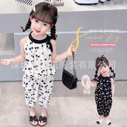 A25072305女童夏裝休閒套裝新款洋氣兒童中小童女孩櫻桃掛脖吊帶兩件套童裝