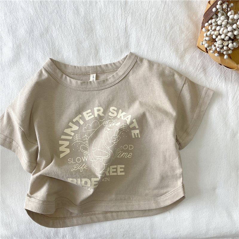 CA23072715夏季新品兒童韓版麻棉短袖T恤女童男童弧形包邊打底衫兒童