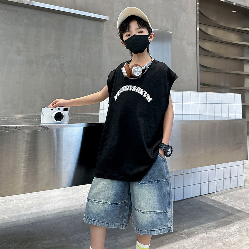 🎈精品童裝🎈FH25062703童裝男童夏季紅色背心套裝中大童男孩休閒T卹坎肩兩件套
