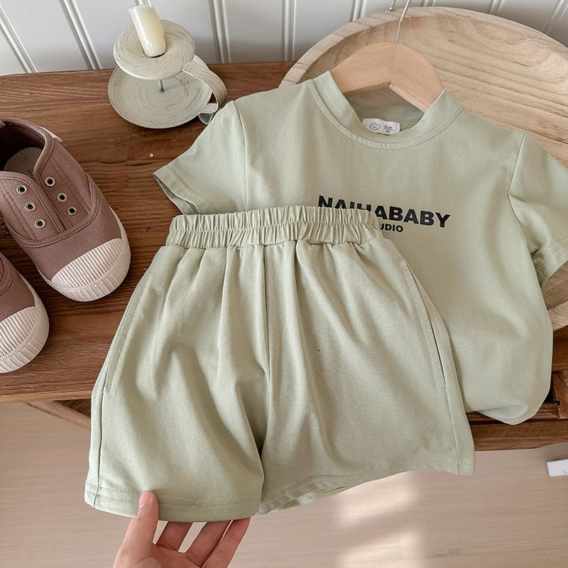 J24022903童套裝2024夏款男童女童寬鬆休閒舒服韓版印花字母兄妹裝運動套裝