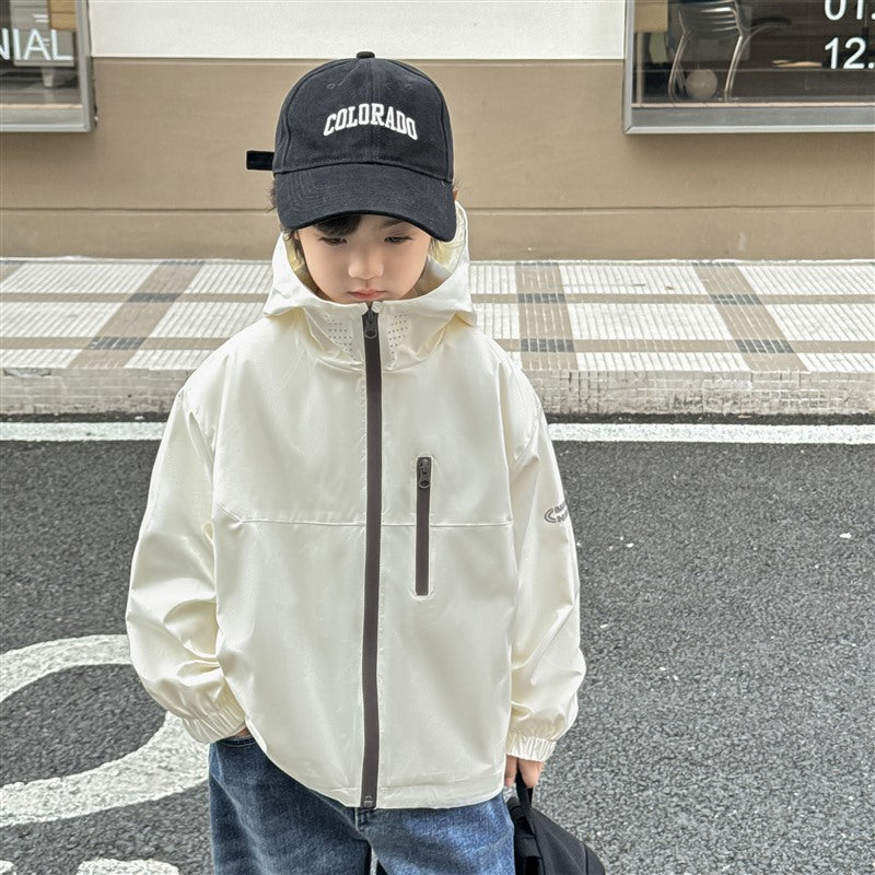 GJ25082703秋季新款男童連帽衝鋒衣軟殼外套兒童戶外秋裝衣服露營