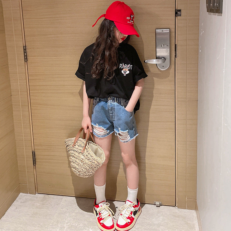 Z25030428女童短袖純棉洋氣兒童t恤女童夏季寬鬆前後印花半袖上衣童裝潮