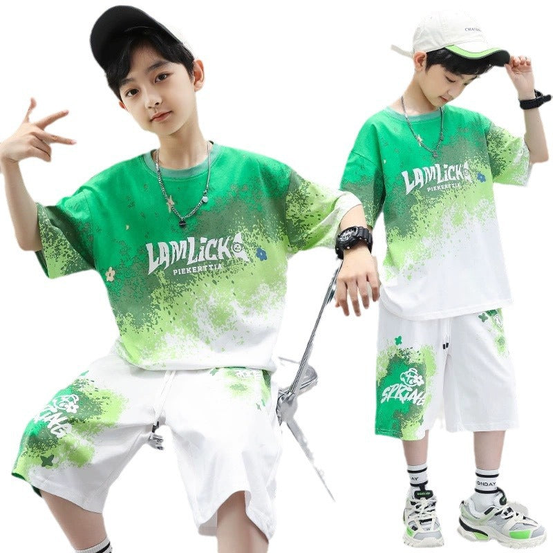 CD25050303男童夏裝短袖套裝2025全新中大童漸層運動套裝輕盈清新透氣速乾衣