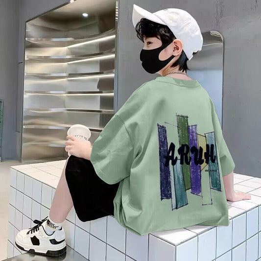 Z25030418男童短袖棉質t恤夏季新款寬鬆帥氣印花卡通中大童半袖兒童潮