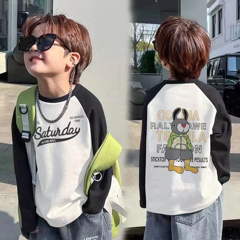 CE25091907純棉兒童長袖T恤春秋新款男童卡通插肩袖上衣中小童寶寶打底衫