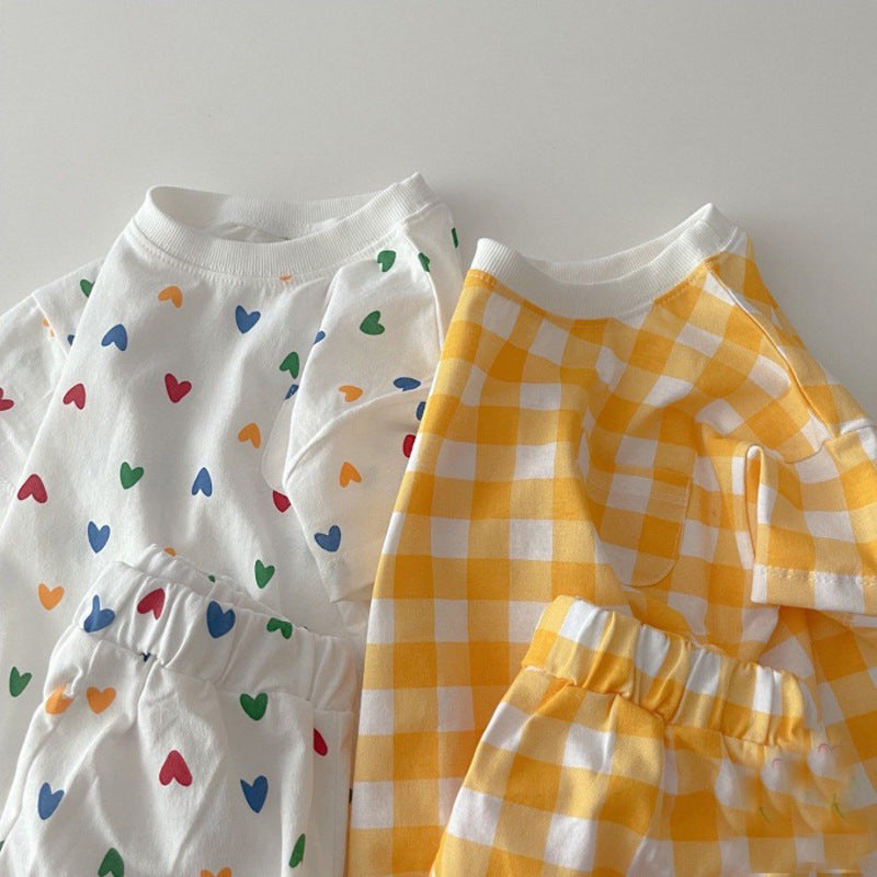 GB23080302韓版ins嬰幼兒清爽棉短袖套裝夏季寶寶愛心格子休閒T恤短褲兩件套