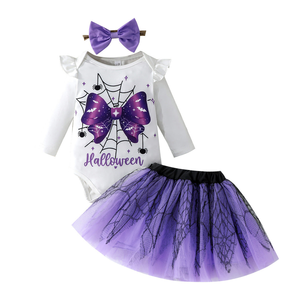 Z25091118邊境萬聖節女嬰嬰幼兒秋季長袖蝴蝶印花連身哈衣+半身裙網紗裙