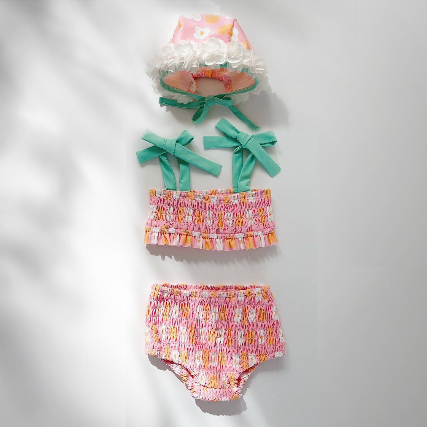 GF25061709ns韓版女童寶寶花朵帶帽連身泳衣新生兒比基尼分身泳衣三件組潮