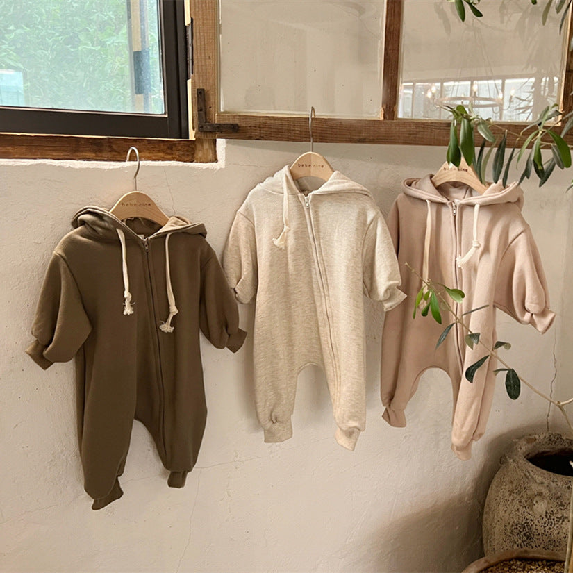 GF25081520 ins春秋嬰童寶棉柔斜拉鍊連帽長袖衛衣連身爬服韓版嬰幼兒連身衣