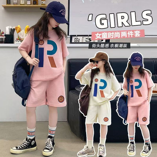 FG25053007短袖短褲套裝夏季兒童大童時尚寬鬆運動短褲兩件套休閒時尚潮流