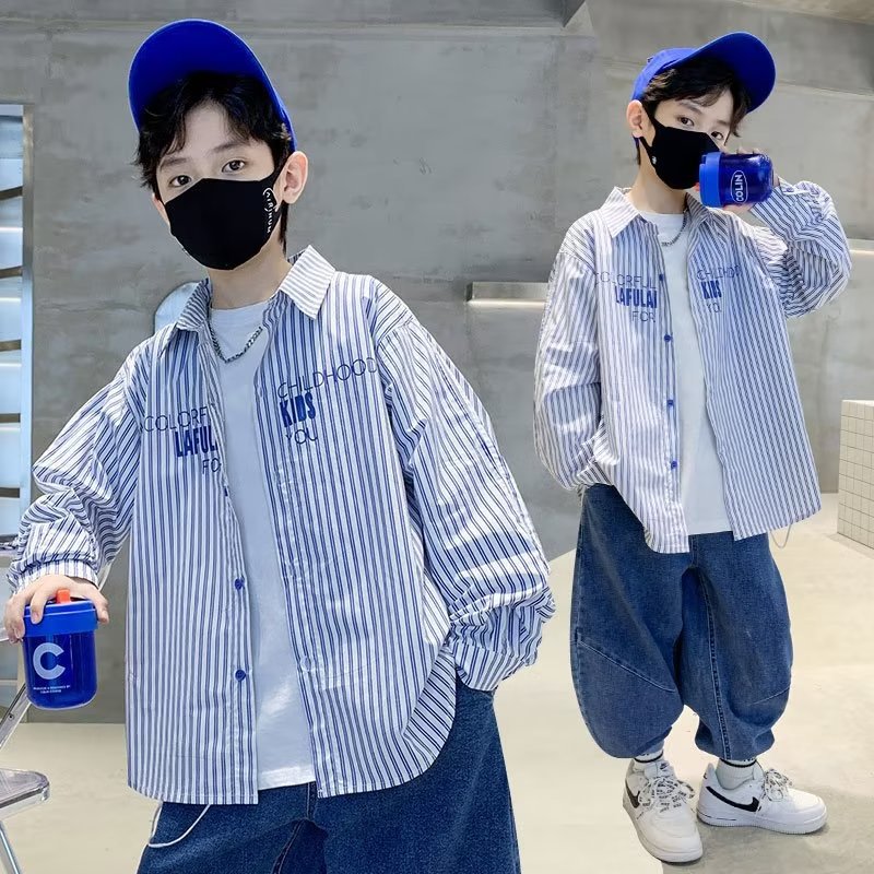 FD24010414男童長袖襯衫春季新炸街中大童休閒男孩條紋兒童春秋上衣寸衣潮
