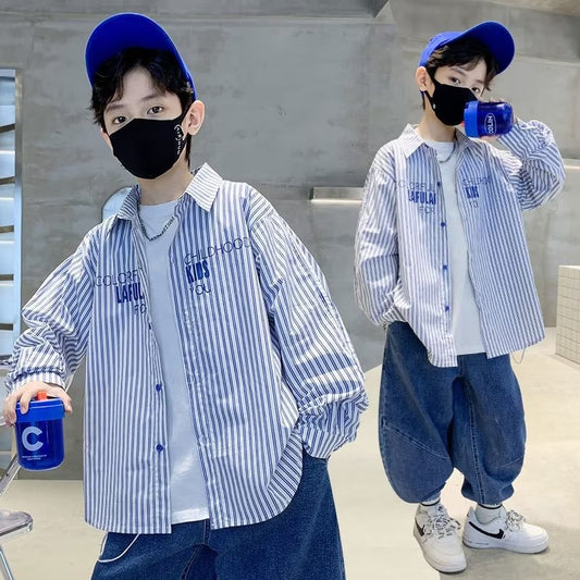 FD24010414男童長袖襯衫春季新炸街中大童休閒男孩條紋兒童春秋上衣寸衣潮