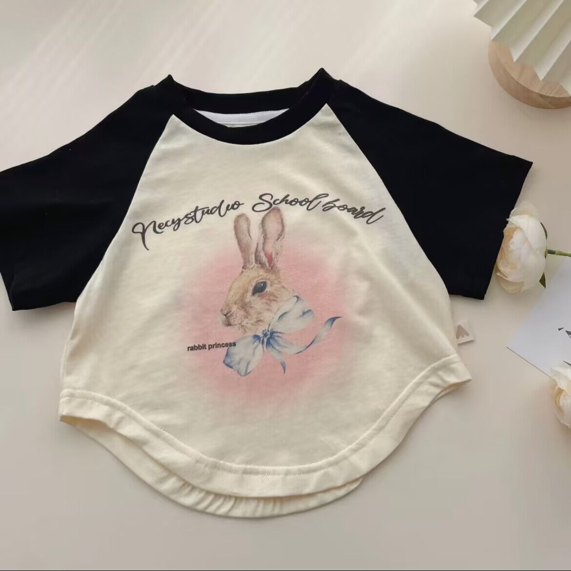 Z25030906女童T恤短袖夏裝韓版卡通兔外穿打底衫洋氣寶寶插肩百搭上衣