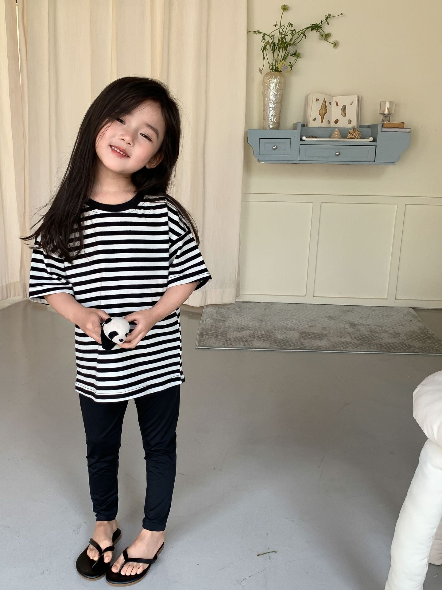 J24022911童T恤2024春季男女童韓版條紋短袖兒童圓領休閒寬鬆上衣