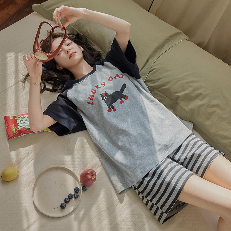 Z25040107自備胸墊睡衣女夏季純棉短袖簡約條紋可外穿學生家居服套裝