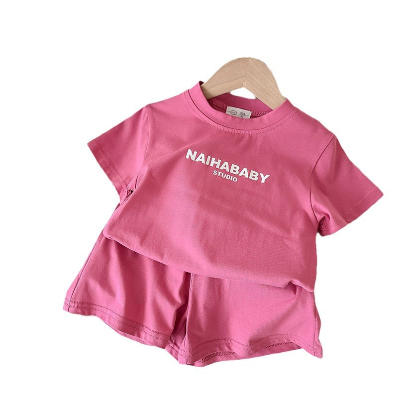 J24022903童套裝2024夏款男童女童寬鬆休閒舒服韓版印花字母兄妹裝運動套裝