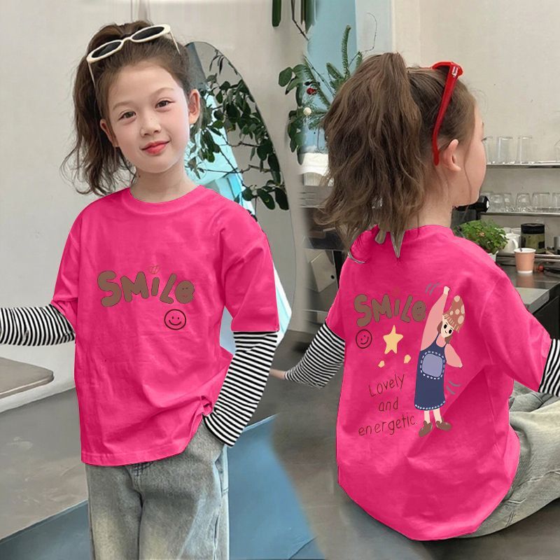 CE25091902女童純棉長袖T恤兒童假兩件條紋上衣春秋裝新款小孩洋氣打底衫