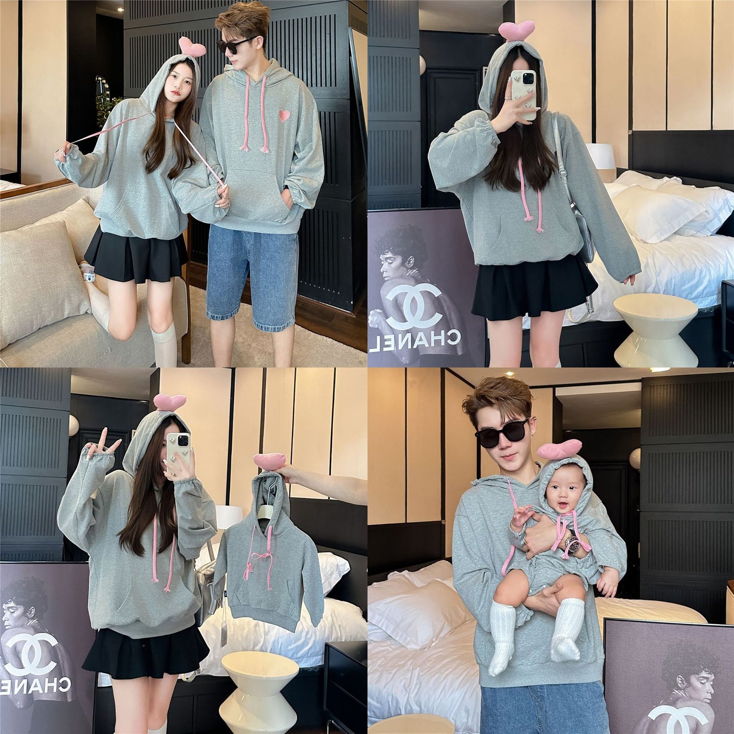 L23110216親子裝秋裝母女母子新款嬰兒連身衣ins一家三口愛心連帽衛衣新款