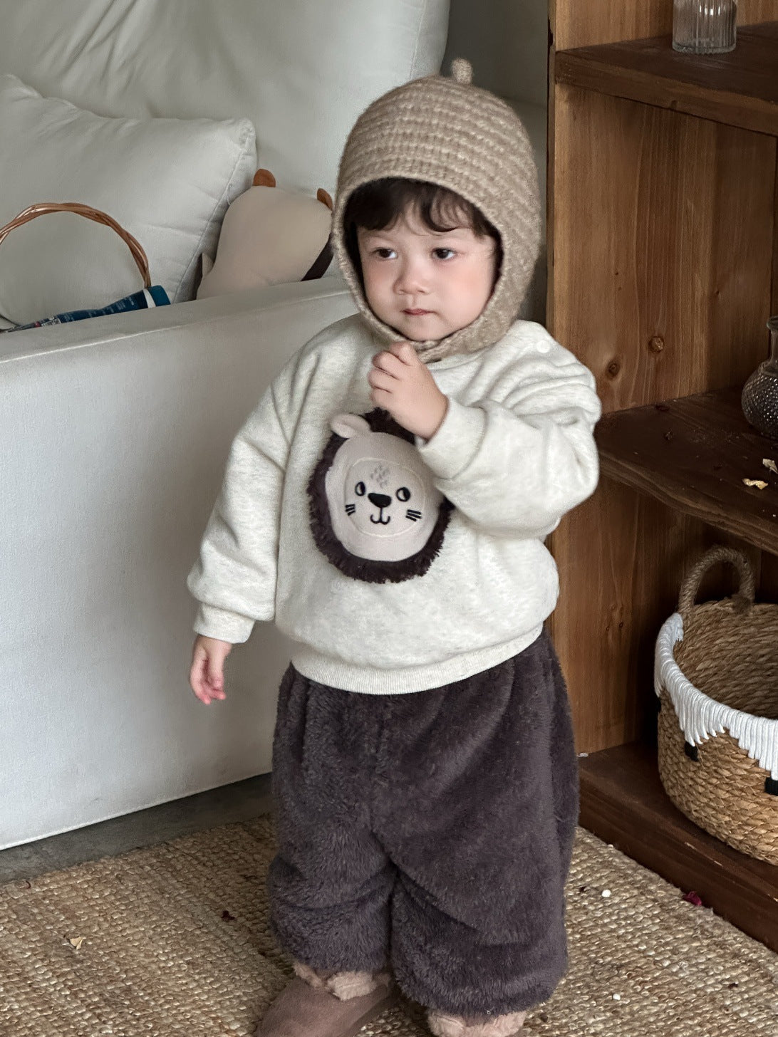 GN26012705寶寶2025秋冬新款衣服韓版童裝兒童毛絨加厚冬季男童加絨熊頭套裝