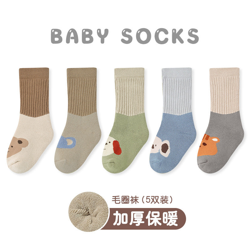 Z23101807嬰兒襪批發2023秋冬加厚卡通動物毛圈襪精梳棉A類保暖男寶寶襪(5雙起批)9~12天到貨