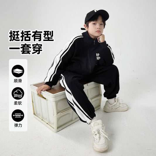 FF24102518新款黑白拼色男童運動衛衣套裝兒童秋裝兩件套(9-12天到貨)
