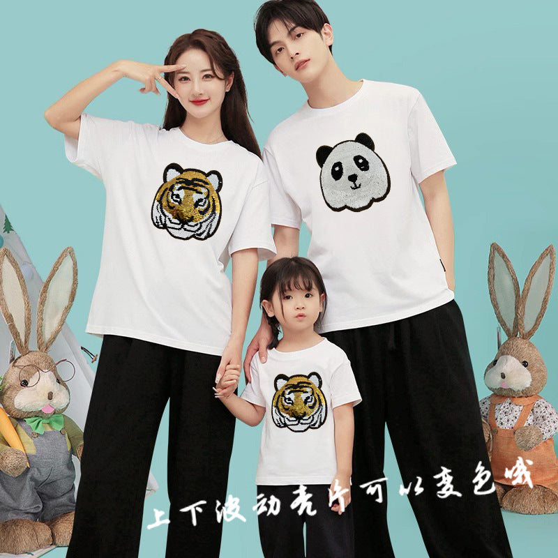 Z24032330老虎變熊貓趣味亮片T恤親子裝夏季時尚男童裝大眾休閒兒童上衣