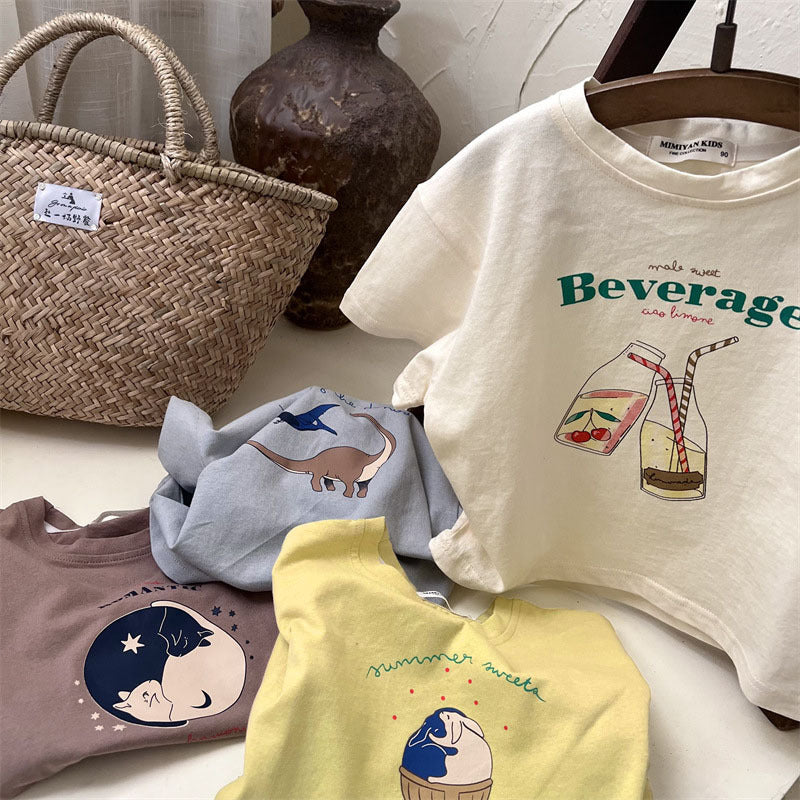 CA25052120兒童短袖夏季新款男女童圓領卡通印花T恤寶寶純色日系潮衫