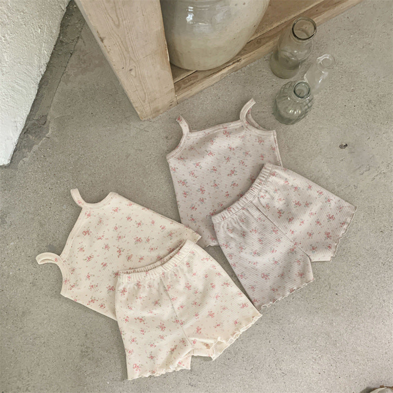 GB25032401韓版童裝ins夏款嬰幼童薄棉碎花吊帶短褲兩件寶寶清爽套裝童裝