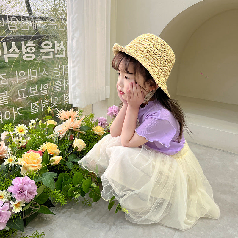 CA25052104夏季新款冰絲莫代爾女童短袖T恤木耳邊純色內搭打底衫兒童服裝潮