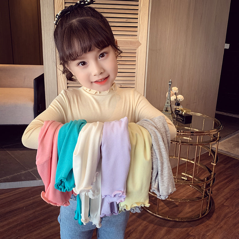 CA23101807女童打底衫新款兒童內搭洋氣蕾絲純色長袖T恤春秋小女孩上衣