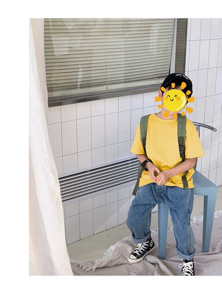 Z25030409含棉純色童裝男女短袖t恤衫夏季幼稚園班服兒童寶寶半袖上衣批發