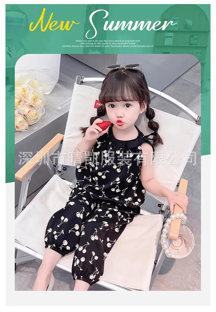 A25072305女童夏裝休閒套裝新款洋氣兒童中小童女孩櫻桃掛脖吊帶兩件套童裝