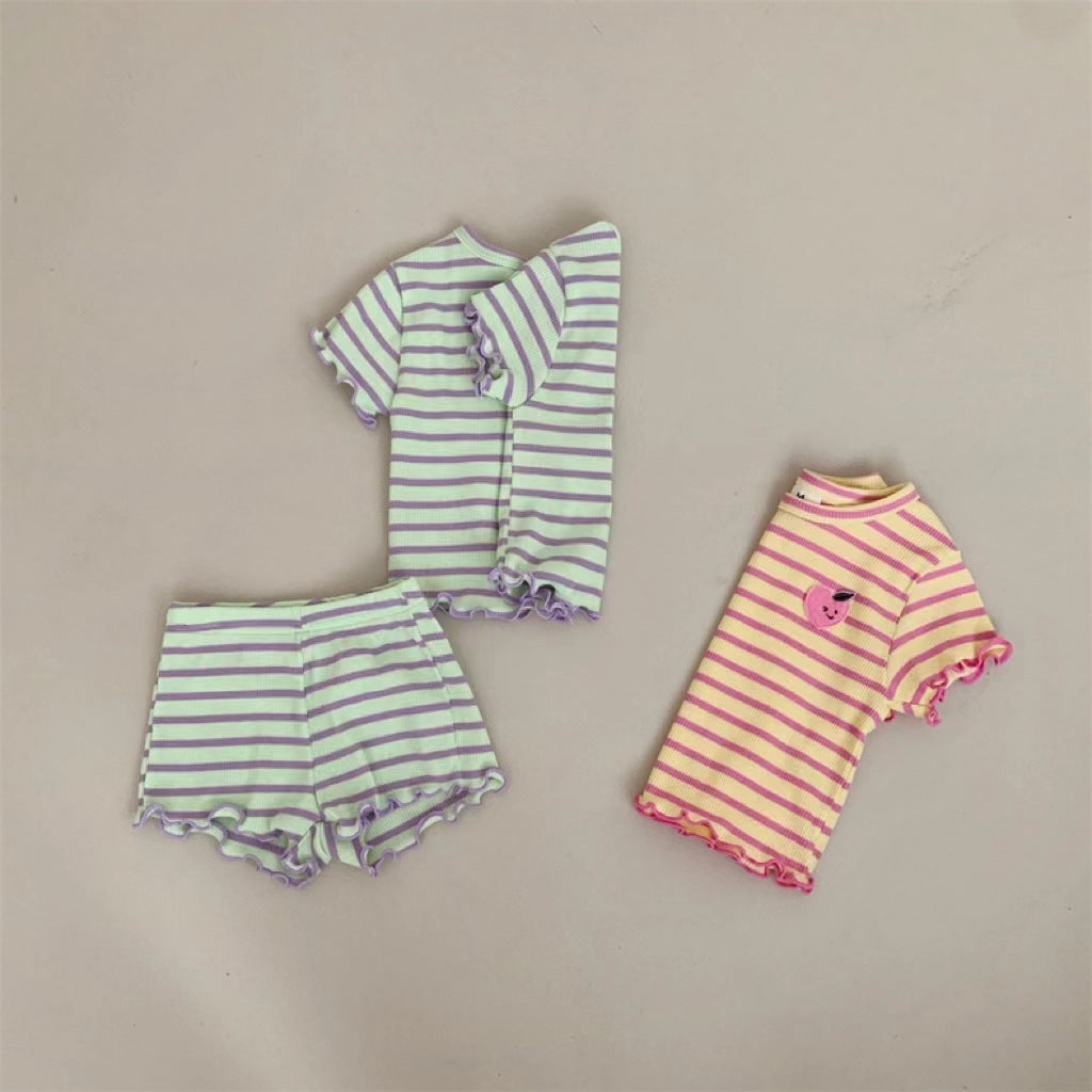 GB23080336韓版嬰幼兒條紋木耳邊套裝葡萄水果圓領外出散步舒適百搭兩件套