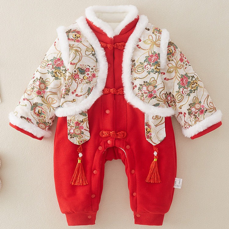 Z23121407新款嬰兒中國風拜年服加絨加厚連身衣寶寶新年衣服保暖外出服(9-12天到貨)