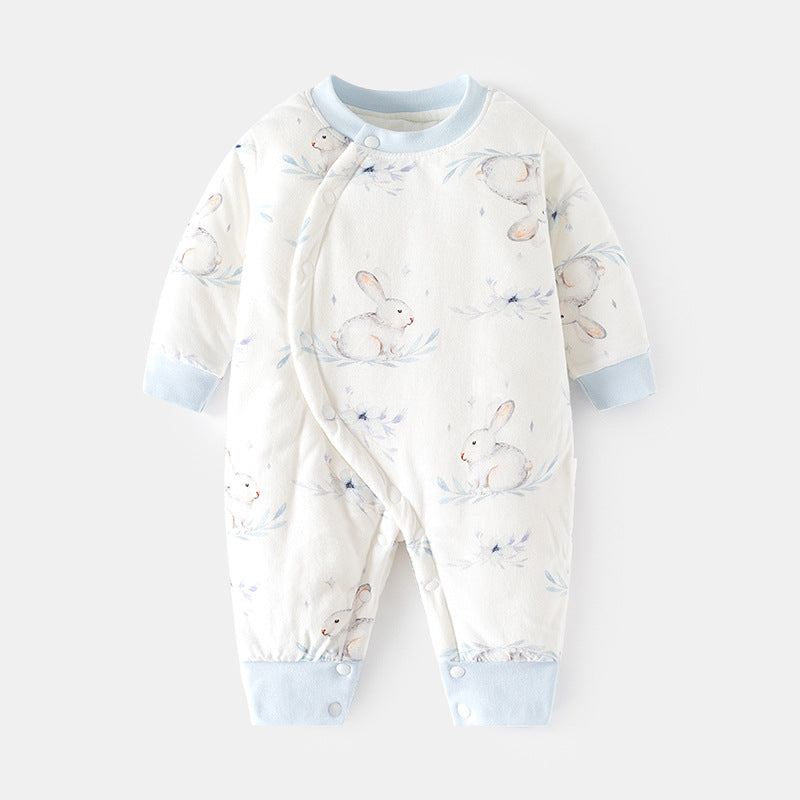 GJ25102107嬰兒加棉連身衣寶寶120克夾棉秋冬無骨哈衣薄棉加厚偏襟爬服兒童