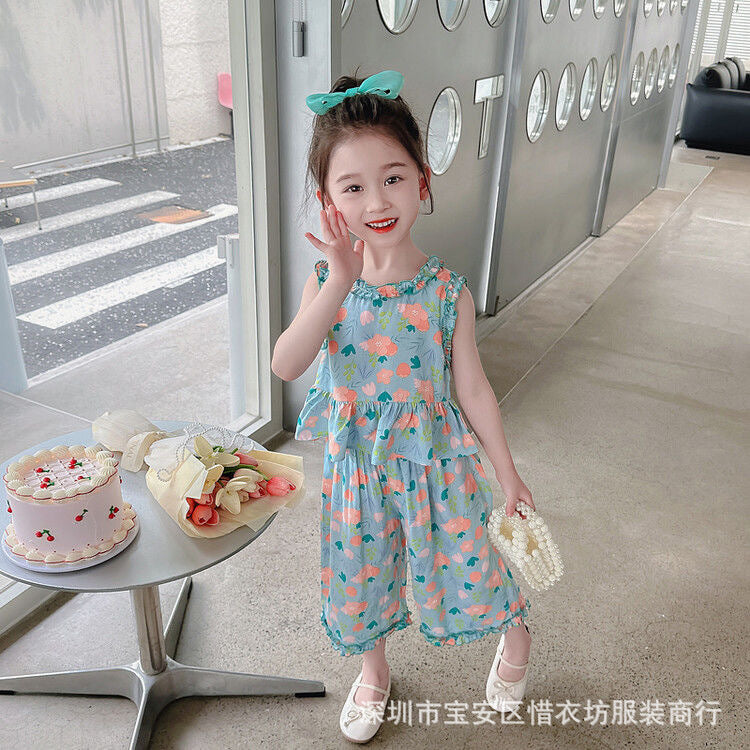 A25072310女童防蚊褲夏季套裝小女孩薄款夏裝兩件套寶寶長褲兒童洋氣
