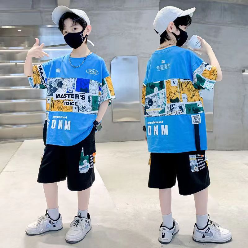 FG25053009新款兒童夏季T恤兩件組中大童休閒潮款男童夏裝短袖套裝帥氣時髦