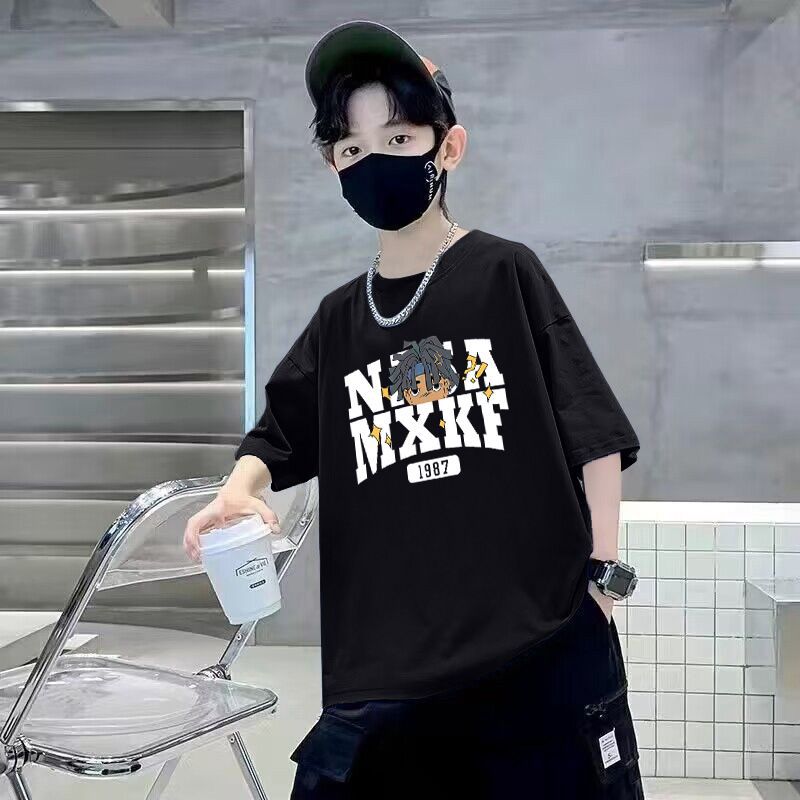 Z25030421男童短袖T恤純棉夏季新款卡通印花圓領中大童寬鬆休閒帥氣T恤潮