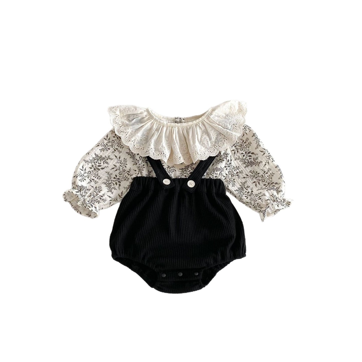 G25092513嬰兒衣服秋裝背帶褲套裝韓版女花邊洋氣碎花上衣女童包屁褲兩件套