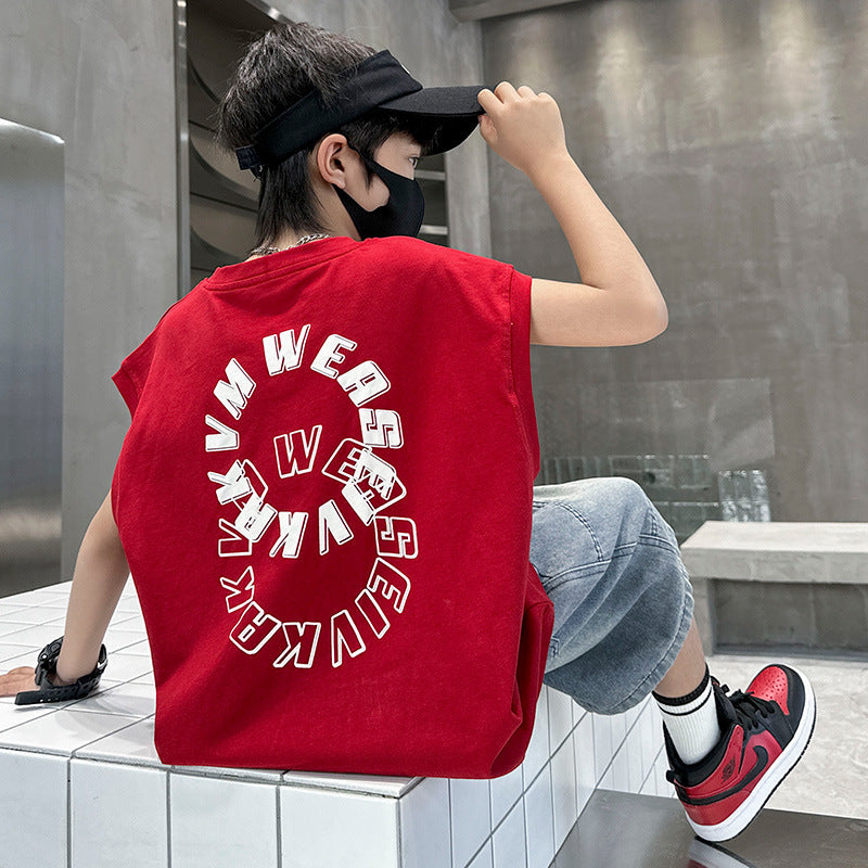 🎈精品童裝🎈FH25062703童裝男童夏季紅色背心套裝中大童男孩休閒T卹坎肩兩件套