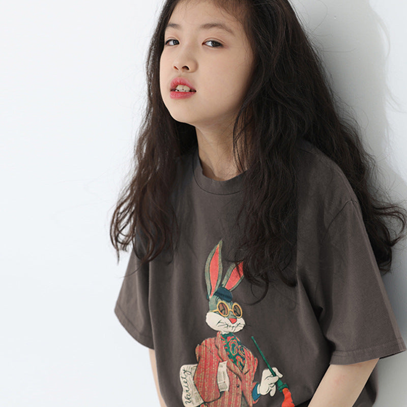 Z25030424童裝女童夏裝短袖T恤新款寬鬆卡通印花兒童男孩夏季潮服大童帥氣