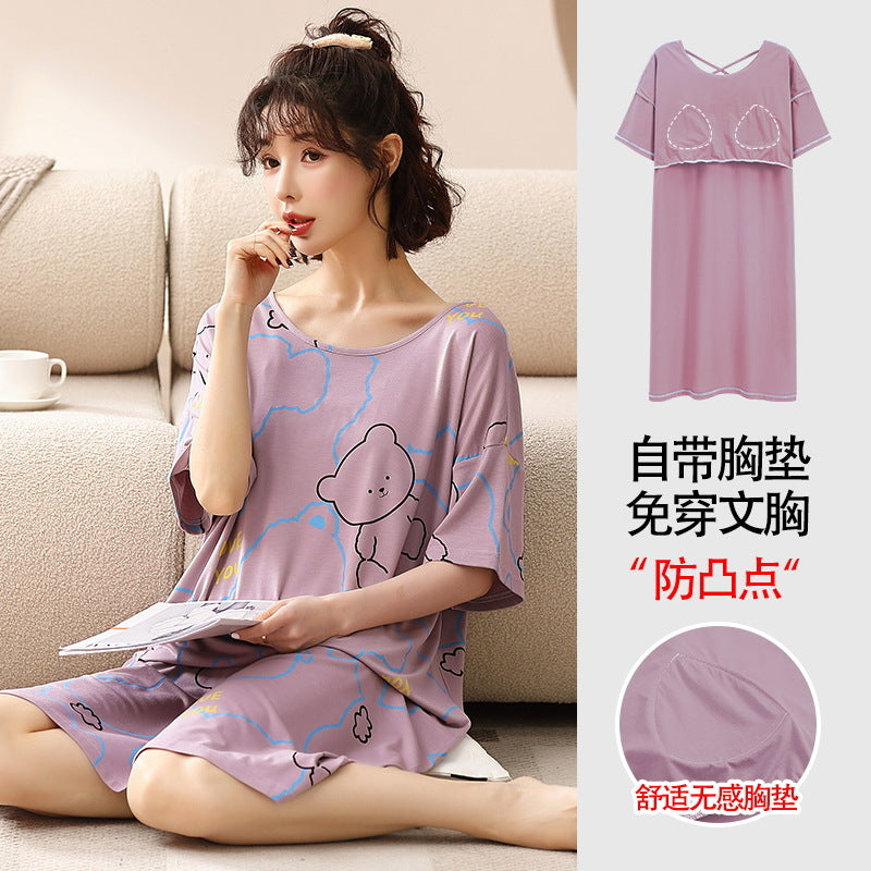Z25040126自備胸墊一體式睡裙女款夏季短袖睡裙夏天莫代爾可外穿