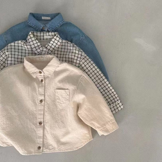 GB23091431韓版ins工裝襯衫外套開衫單排扣胸前口袋衫翻領百搭休閒外出兒童