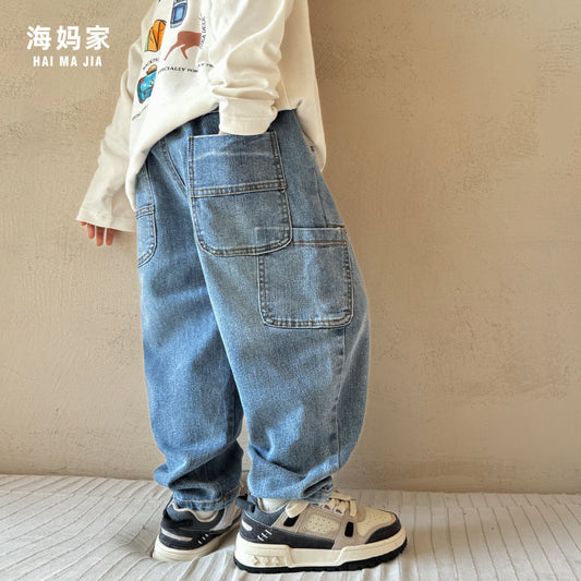GJ25082713男童春秋新款大口袋潮範牛仔褲兒童韓版童裝長褲秋裝