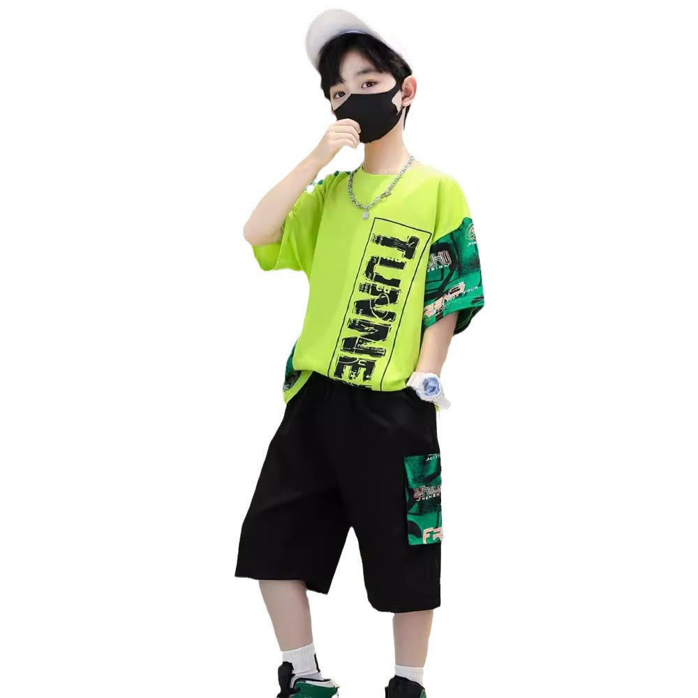 FB24070110男童夏裝套裝2024夏季新男童中大童短袖短褲夏季兒童帥氣兩件套