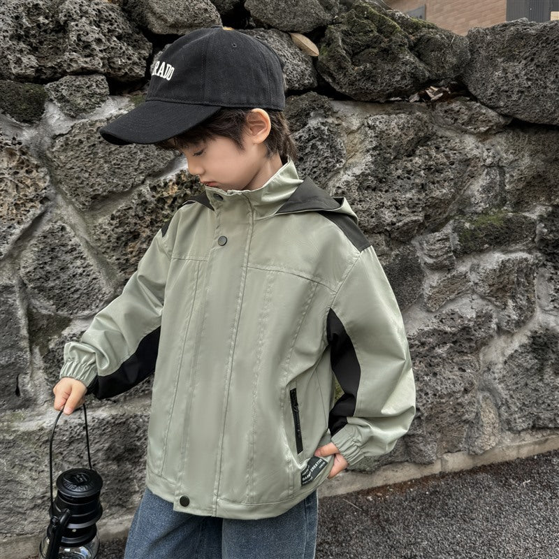 GJ25082703秋季新款男童連帽衝鋒衣軟殼外套兒童戶外秋裝衣服露營